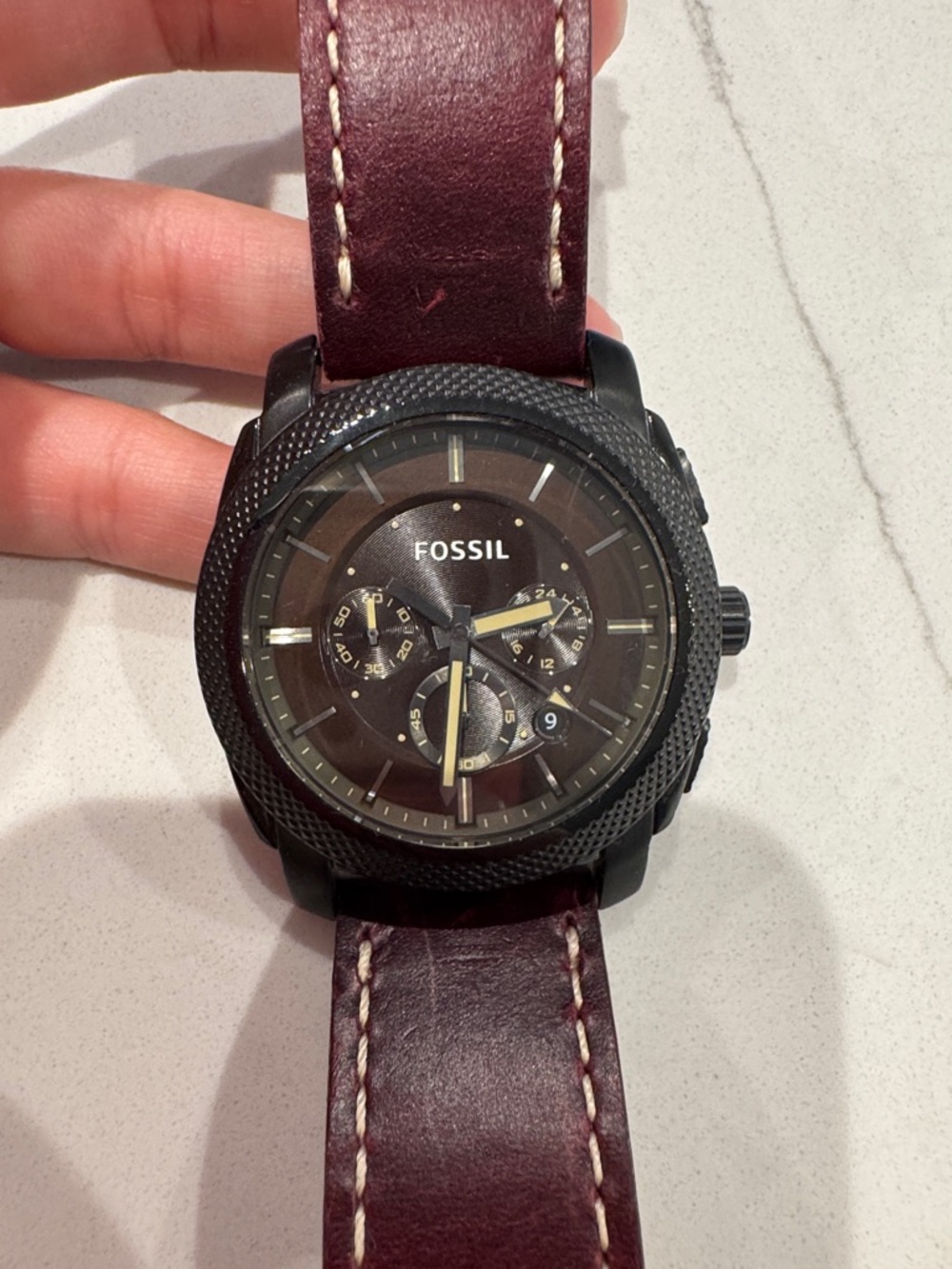 Fossil Men's Black Case Watch with Burgundy Leather Strap